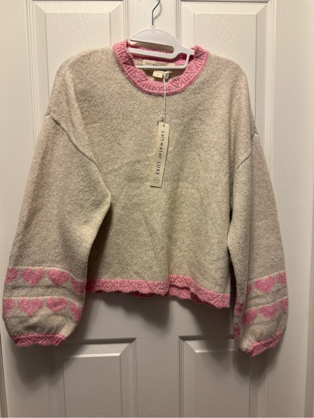 saltwater LUXE Cream Crewneck Sweater with Pink Heart Trim